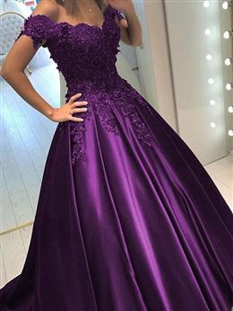 Picture of Dark Purple Satin Off Shoulder Long Lace Formal Dress, Off the Shoulder Long Junior Formal Dresses